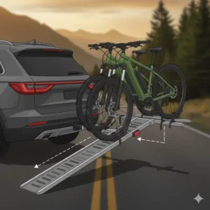 Detailed diagram showing how to use the loading ramp on a folding hitch bike rack with ramp for e-bikes.