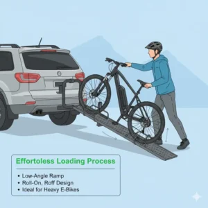 Diagram showing the smooth loading process of a heavy e-bike using the low effort hitch bike rack with ramp system.