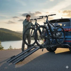 A person easily loading a heavy E-bike onto the platform hitch bike rack with ramp.