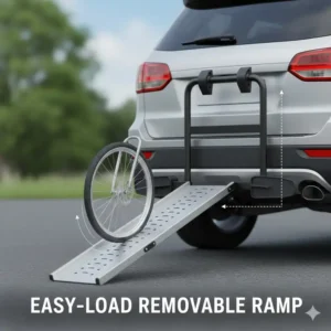 Detailed view of an easy-load removable loading ramp connected to a hitch bike rack with ramp for seniors.