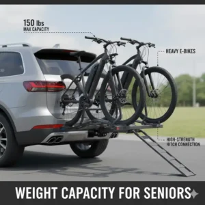 High weight capacity diagram of a specialized hitch bike rack with ramp for seniors holding two heavy e-bikes.