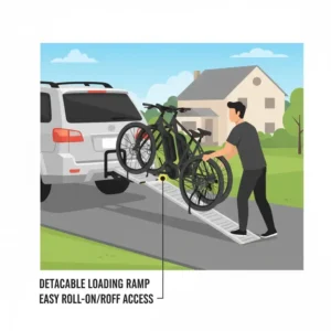 Demonstration of an e-bike being rolled up the loading ramp of a 1.25 inch hitch bike rack with ramp.