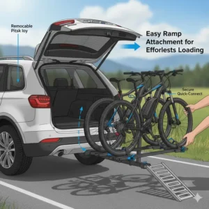 Close-up illustration of the easy-connect loading ramp on a specialized tilt hitch bike rack with ramp for e-bikes.