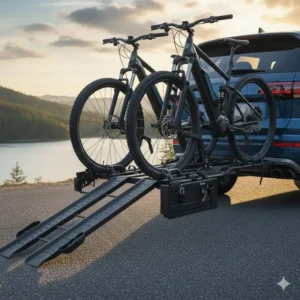 Detailed view of the detachable loading ramp stored on the platform hitch bike rack with ramp.