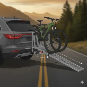 Illustration of the compact storage position of a folding hitch bike rack with ramp when folded against the vehicle.