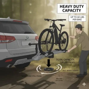Diagram showing the high weight capacity of a hitch bike rack with ramp 2 bikes.