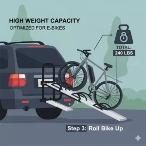 Diagram showing the high weight capacity of a hitch bike rack with ramp 4 bikes optimized for e-bikes.