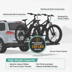 Technical drawing highlighting the 120 lbs high weight capacity of this low effort hitch bike rack with ramp.