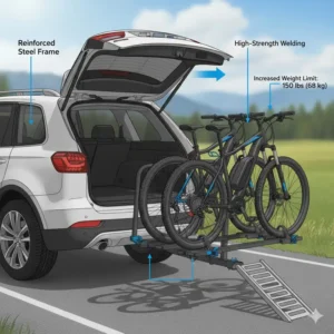 Graphic highlighting the high weight capacity and reinforced frame of this tilt hitch bike rack with ramp.