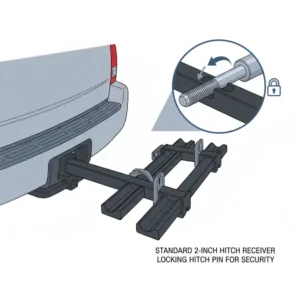 Technical diagram of the 2-inch receiver connection for the platform hitch bike rack with ramp.