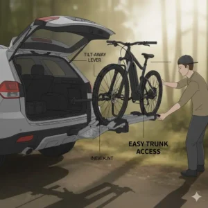 Demonstration of the tilt away feature on a hitch bike rack with ramp 2 bikes for trunk access.