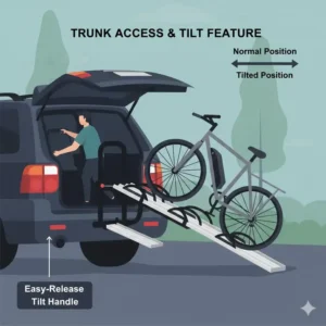 Illustration of the trunk access and tilt-down feature on a hitch bike rack with ramp 4 bikes.