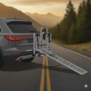 Demonstration of the tilting mechanism on a folding hitch bike rack with ramp to allow trunk access