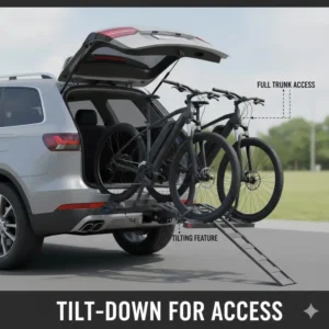 Demonstration of the tilt-down feature on a hitch bike rack with ramp for seniors for quick trunk access.