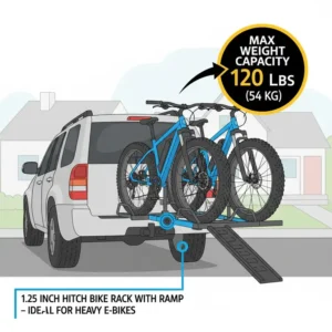 Infographic showing the maximum load capacity for a 1.25 inch hitch bike rack with ramp carrying two electric bikes.