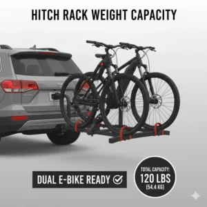 Infographic detailing the high load capacity and sturdy build of this no lift hitch bike rack with ramp.