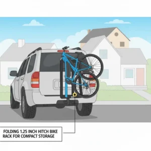 The compact folding mechanism of a 1.25 inch hitch bike rack with ramp when not in use.