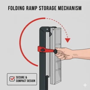Close-up of the secure folding and storage mechanism on a no lift hitch bike rack with ramp.