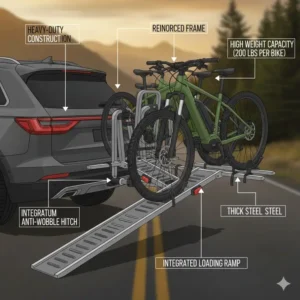Technical specifications and weight capacity of a reinforced folding hitch bike rack with ramp.