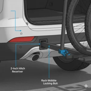 Technical view of the 2-inch receiver and anti-wobble bolt used on a tilt hitch bike rack with ramp.