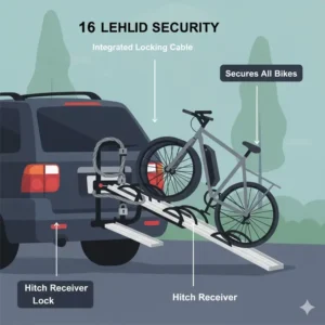 Security details including the integrated locking cable on a hitch bike rack with ramp 4 bikes.