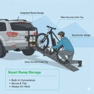 Close-up view of the smart integrated ramp storage located under the tray of the low effort hitch bike rack with ramp.