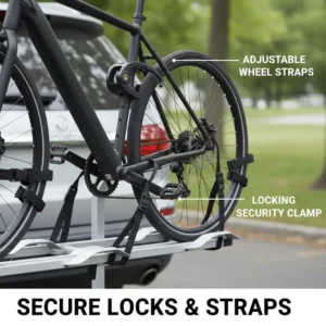 Close-up of the adjustable wheel straps and locking security clamps on a hitch bike rack with ramp for seniors.