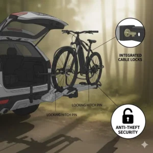 Integrated anti-theft locking system on a premium hitch bike rack with ramp 2 bikes.