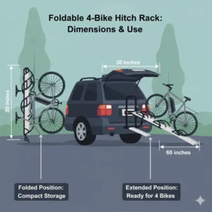 Comparison of folded and extended dimensions for a foldable hitch bike rack with ramp 4 bikes.
