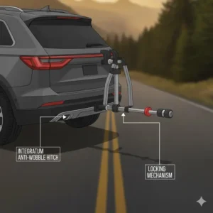 Close-up illustration of the anti-wobble hitch pin and locking system for a folding hitch bike rack with ramp.