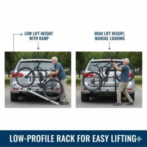 Comparison graphic showing the low lifting height benefit of using a hitch bike rack with ramp for seniors versus manual lifting