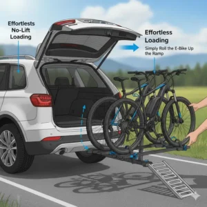 Demonstration of a user rolling an e-bike upward using the integrated tilt hitch bike rack with ramp system.