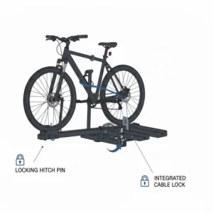 Integrated security cable locks and hitch pin locks on a platform hitch bike rack with ramp.