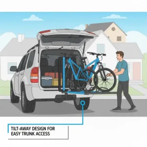 Using the tilt-away function of a 1.25 inch hitch bike rack with ramp to access the vehicle's rear hatch.