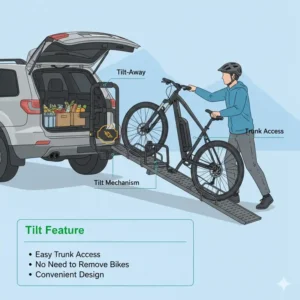 Demonstration of the tilt-away feature on the low effort hitch bike rack with ramp allowing full trunk access.