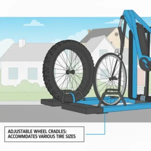 Close-up of the versatile wheel cradles on a 1.25 inch hitch bike rack with ramp for different tire widths.