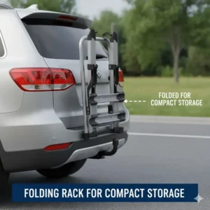 The compact folding design of a hitch bike rack with ramp for seniors when not in use on the vehicle.