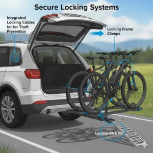 Visual guide to the integrated cable locks and frame clamps on a secure tilt hitch bike rack with ramp.