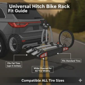 Compatibility guide showing different tire widths fitting onto a folding hitch bike rack with ramp.