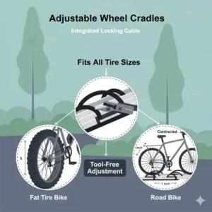 Close-up of adjustable wheel cradles fitting various tire sizes on a hitch bike rack with ramp 4 bikes.