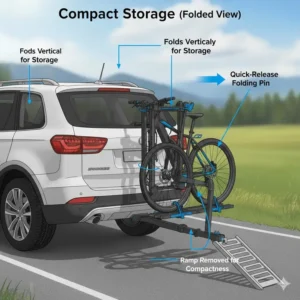 Illustration of the space-saving folded position of a tilt hitch bike rack with ramp when not in use.