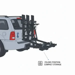 Compact design showing the platform hitch bike rack with ramp in its folded upright position.