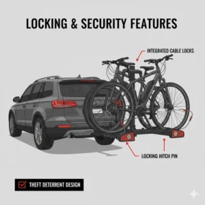 Integrated locking systems and security pins featured on a no lift hitch bike rack with ramp.