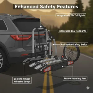 Enhanced safety features including reflectors and secure straps on a folding hitch bike rack with ramp.
