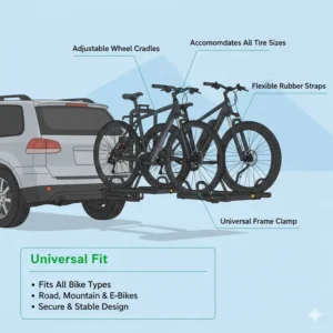 Illustration showing the universal fit cradles of the low effort hitch bike rack with ramp accommodating various tire sizes.