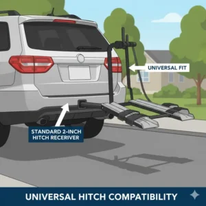 Technical drawing showing the universal 2-inch receiver compatibility for a hitch bike rack with ramp for seniors.