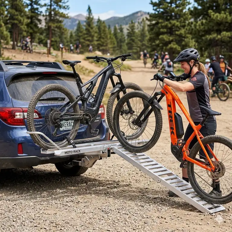 Featured Image: A premium aluminum hitch bike rack with ramp installed on an SUV carrying two electric bicycles.