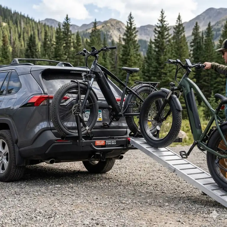 Professional shot of a heavy-duty hitch bike rack with ramp 200 lbs capacity mounted on an SUV carrying two e-bikes.