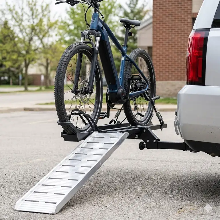 A professional hero shot of a heavy-duty hitch bike rack with ramp anti wobble installed on a silver SUV.