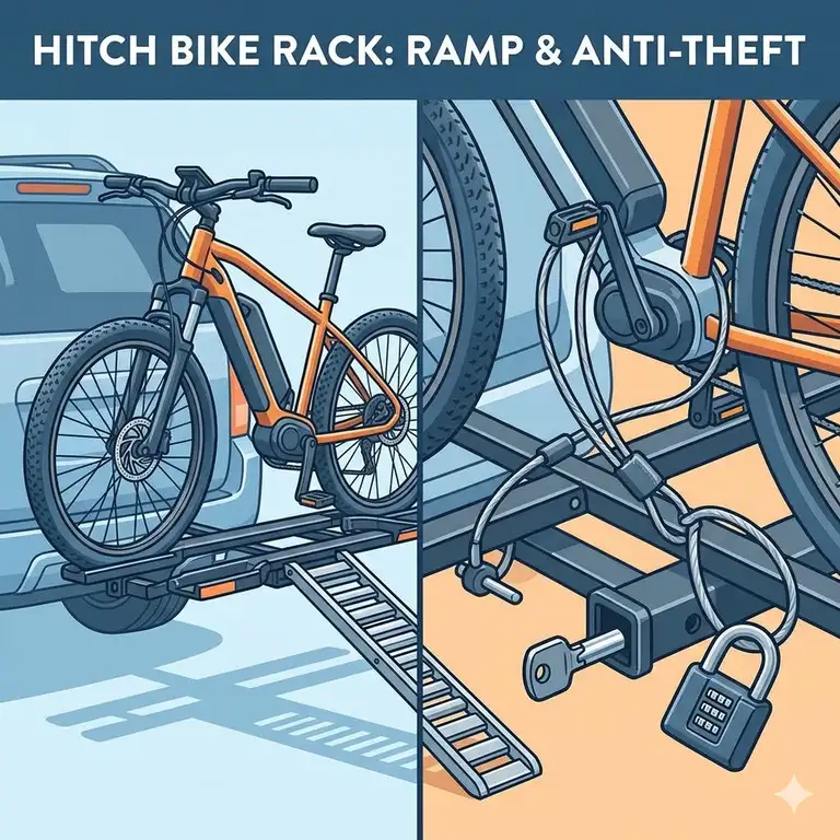 A heavy-duty hitch bike rack with ramp anti theft featuring two electric bikes.